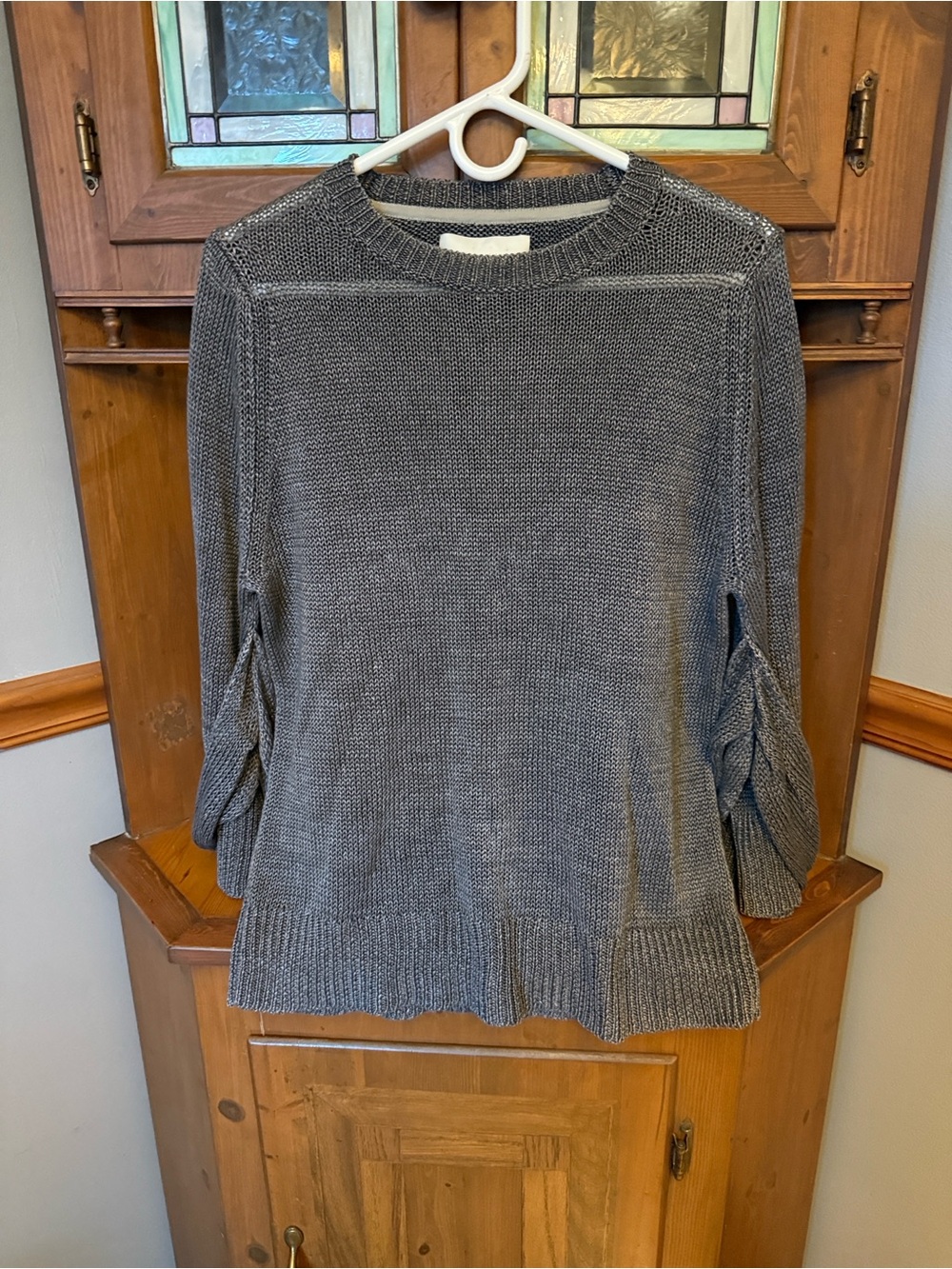 Brochu Walker 100% Linen unique Deconstructed Dual-Sleeve Knit Sweater in Gray M